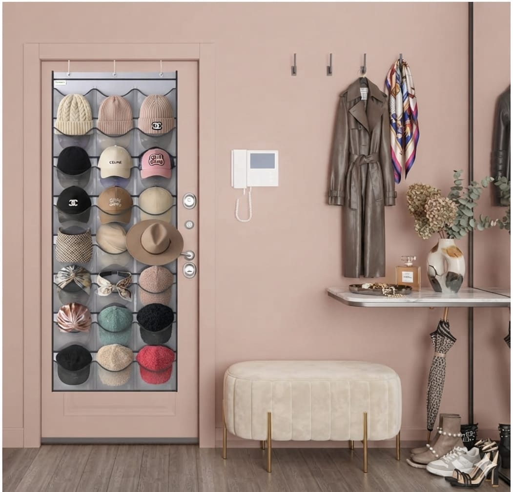 Over-the-door hat organizer with clear pockets holding many baseball caps