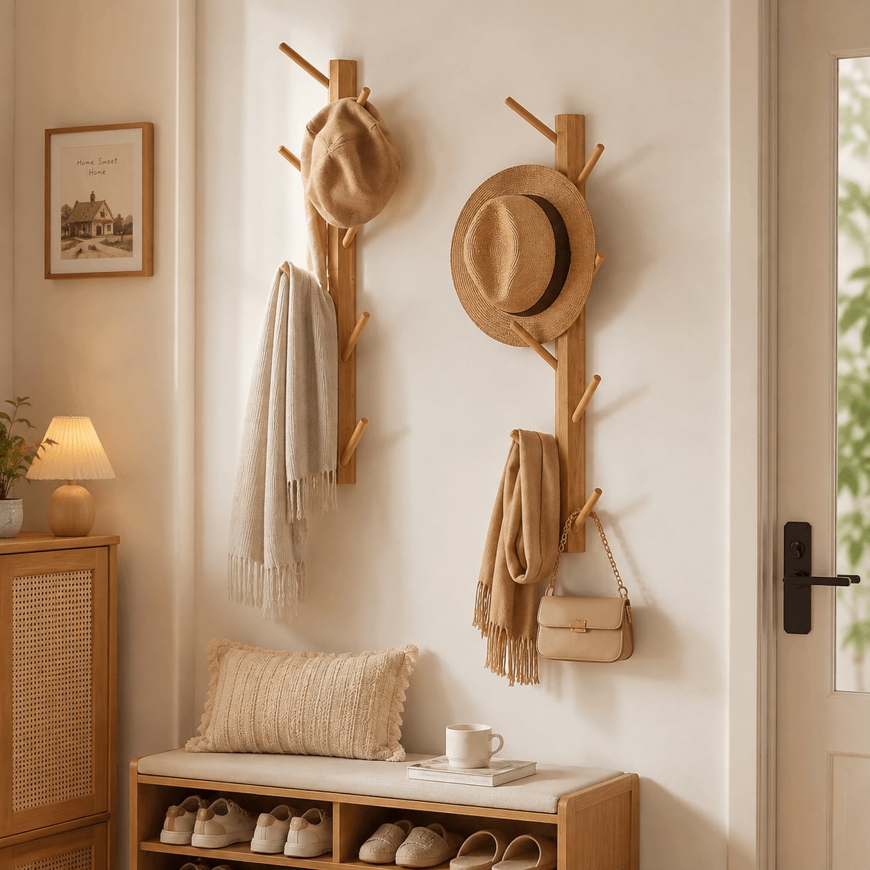 Natural bamboo wall-mounted coat rack holding a hat and a coat