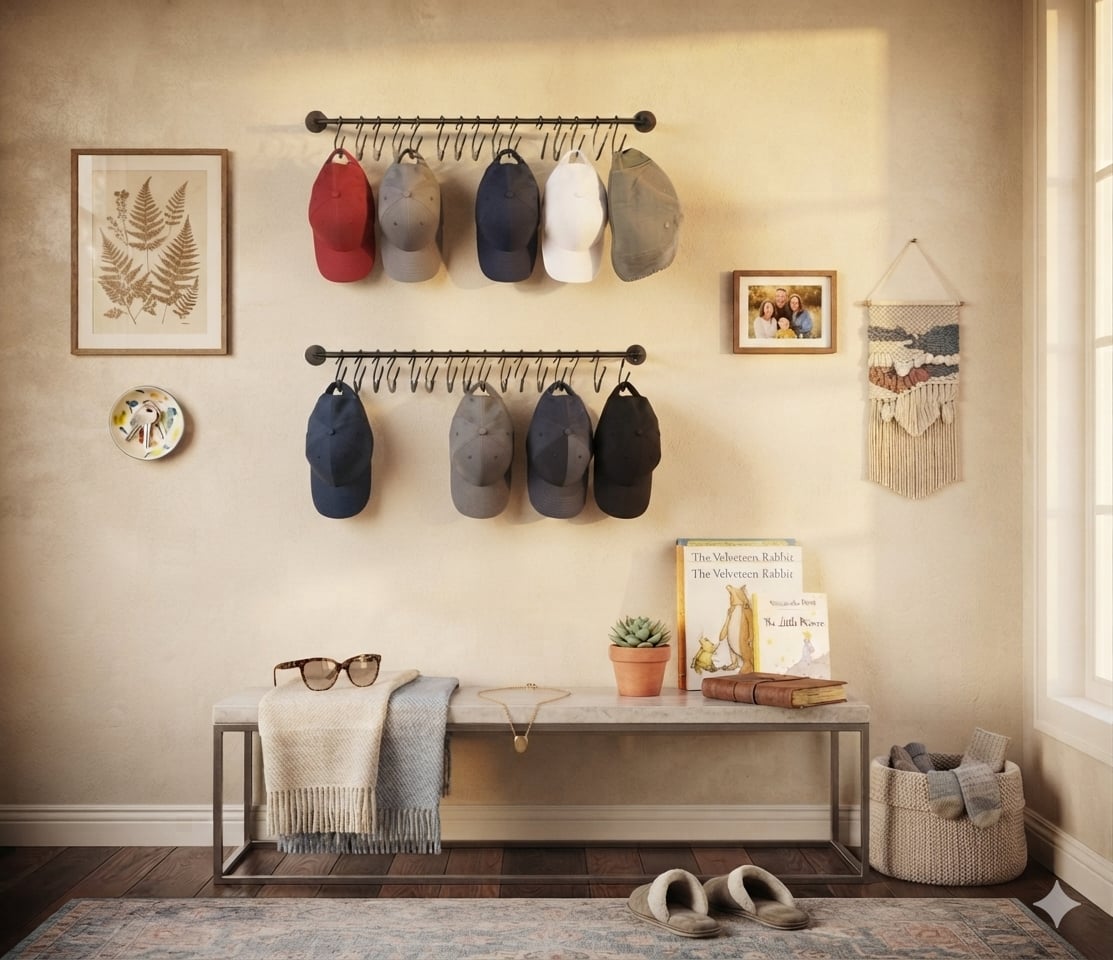 Wall-mounted hat rack with 30 adjustable hooks holding caps and accessories