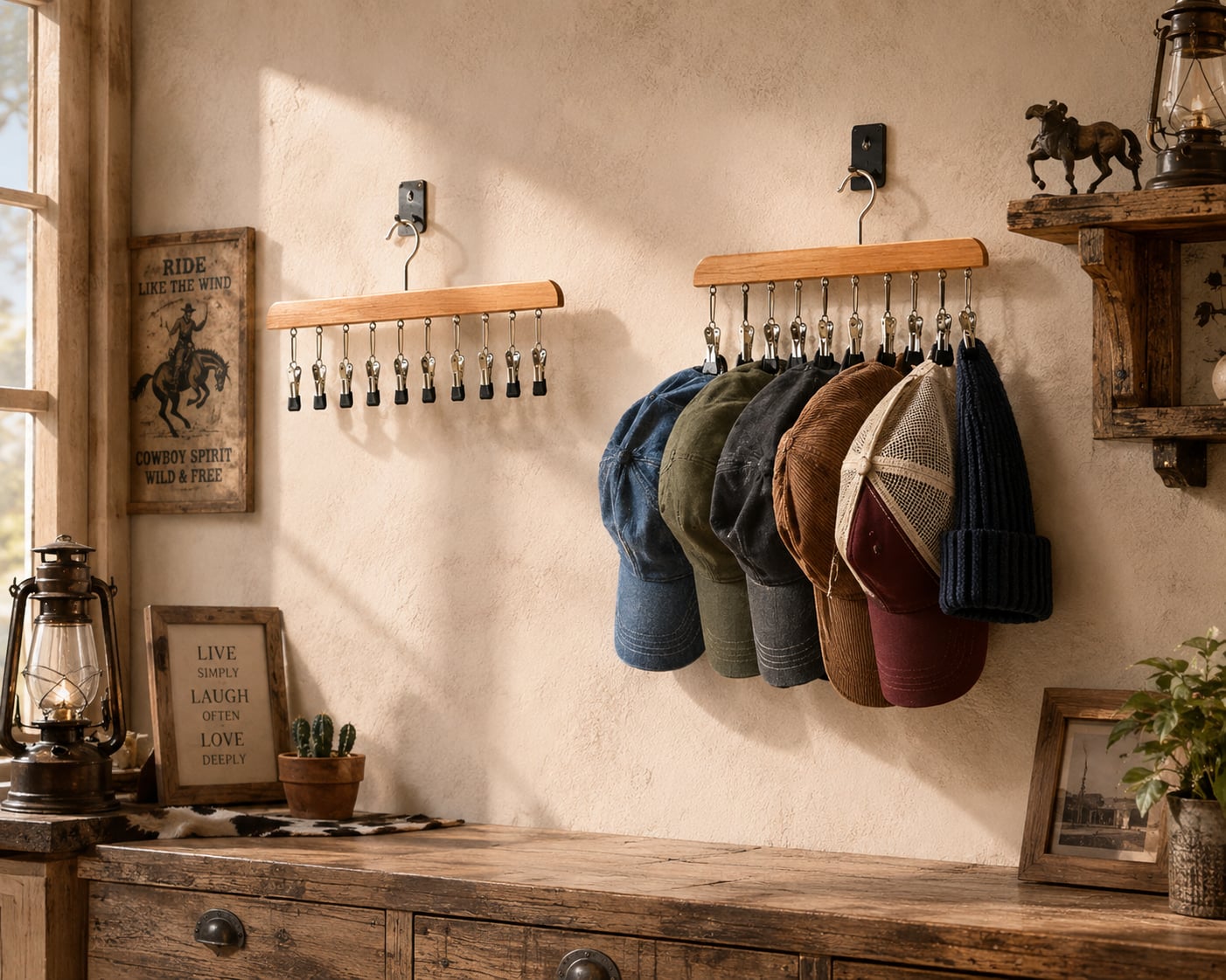 Wooden hat hangers with metal clips holding baseball caps on a closet rod