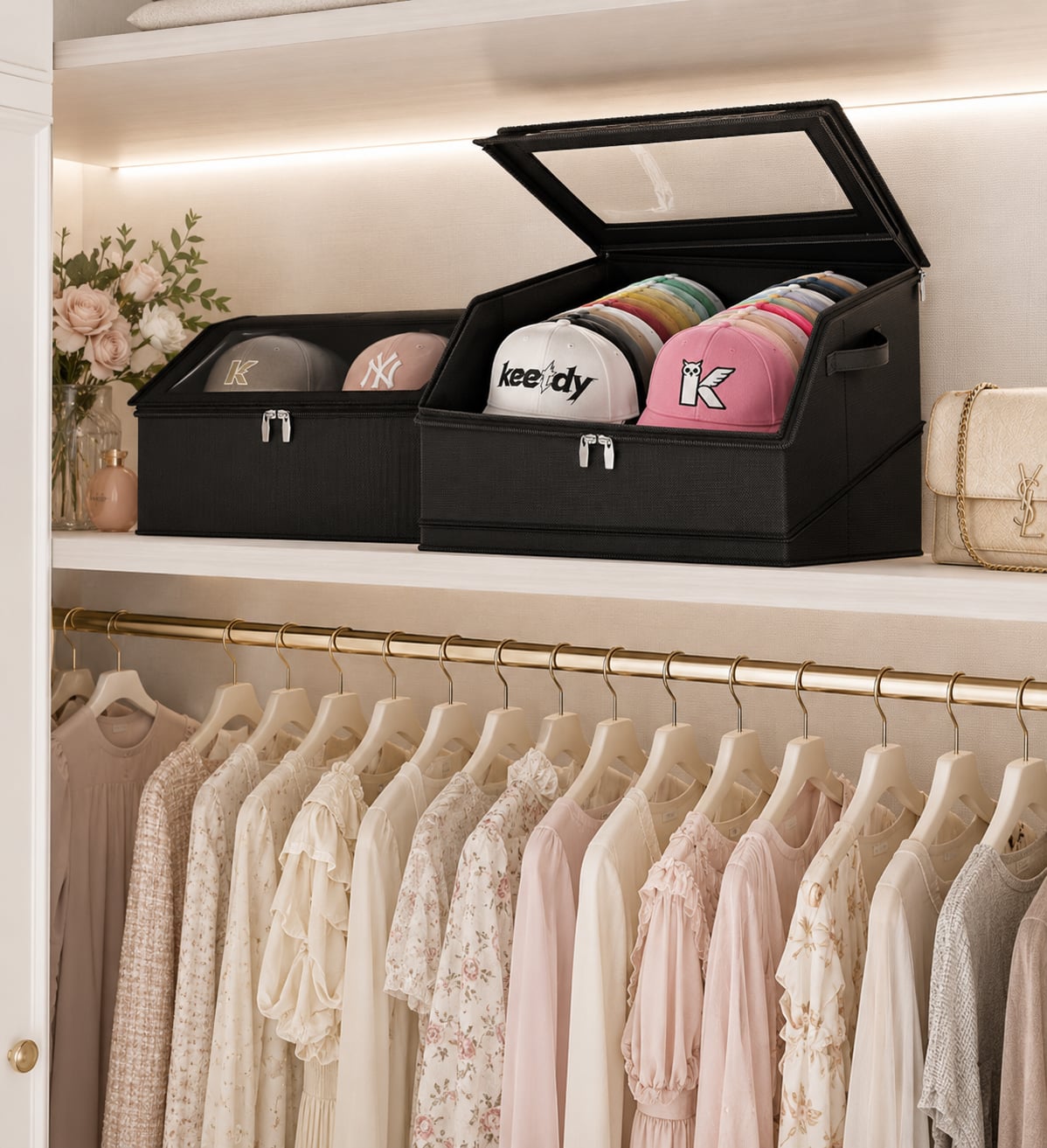 Stackable black hat storage box with PVC window holding baseball caps