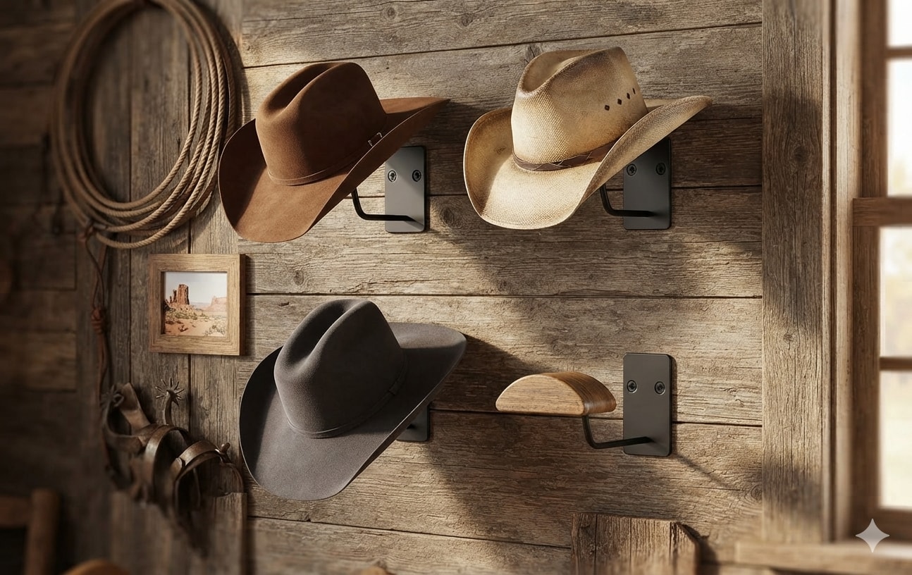 Cowboy hat wall mount with a wide curved cradle supporting a wide-brim cowboy hat